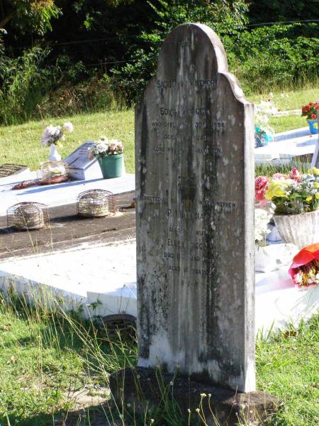 Edward BIGGIN,  | died 30 Nov 1898 aged 74 years;  | Ellen BIGGIN,  | died 13 Mar 1919 aged 91 years;  | erected by nephew P.J. BRENNAN;  | Gleneagle Catholic cemetery, Beaudesert Shire  | 