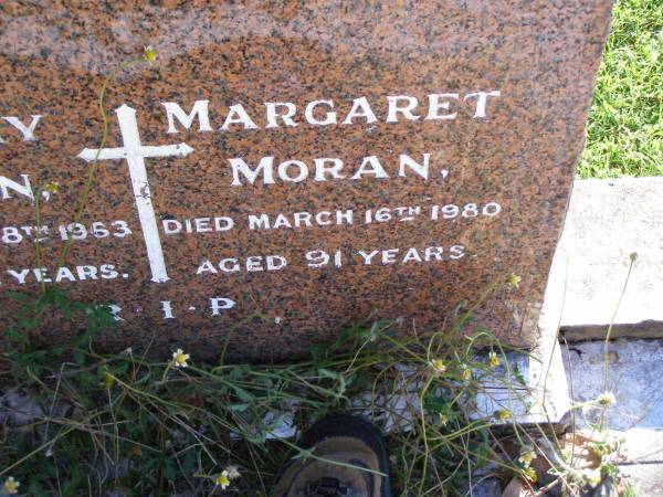 Timothy MORAN,  | died 28 May 1963 aged 82 years;  | Margaret MORAN,  | died 16 March 1980 aged 91 years;  | Gleneagle Catholic cemetery, Beaudesert Shire  | 