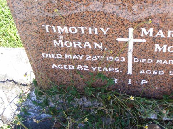 Timothy MORAN,  | died 28 May 1963 aged 82 years;  | Margaret MORAN,  | died 16 March 1980 aged 91 years;  | Gleneagle Catholic cemetery, Beaudesert Shire  | 