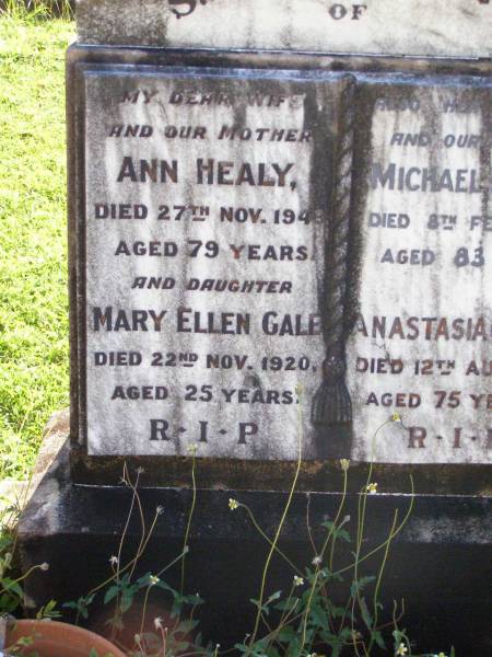 Ann HEALY,  | died 27 Nov 1943 aged 79 years;  | Mary Ellen GALE, daughter,  | died 22 Nov 1920 aged 25 years;  | Michael HEALY,  | died 8 Feb 1946 aged 83 years;  | Anastasia O'BRIEN,  | died 12 Aug 1962 aged 75 years;  | Gleneagle Catholic cemetery, Beaudesert Shire  | 