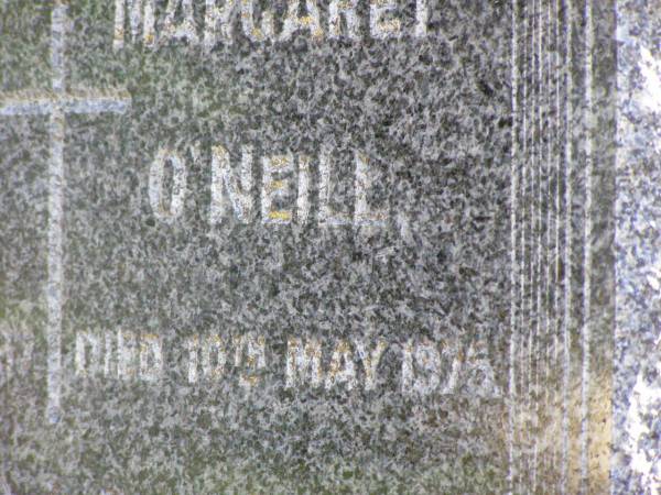 Hugh O'NEILL,  | died 5 July 1967;  | Margaret O'NEILL,  | died 10 May 1975;  | Gleneagle Catholic cemetery, Beaudesert Shire  | 