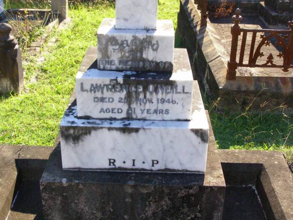 Lawrence O'NEILL,  | died 2 Nov 1946 aged 61 years;  | Gleneagle Catholic cemetery, Beaudesert Shire  | 