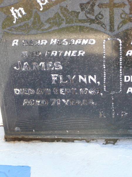 James FLYNN, husband father,  | died 8 Sept 1967 aged 71 years;  | Grace, wife mother,  | died 4 Nov 1985 aged 90 years;  | Gleneagle Catholic cemetery, Beaudesert Shire  | 