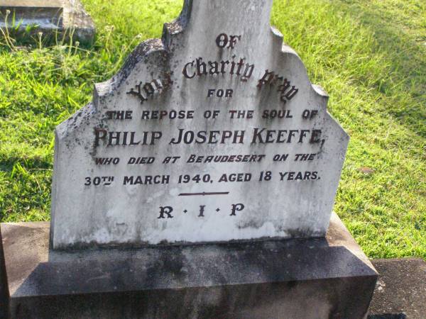 Philip Joseph KEEFFE,  | died Beaudesert 30 March 1940 aged 18 years;  | Gleneagle Catholic cemetery, Beaudesert Shire  | 