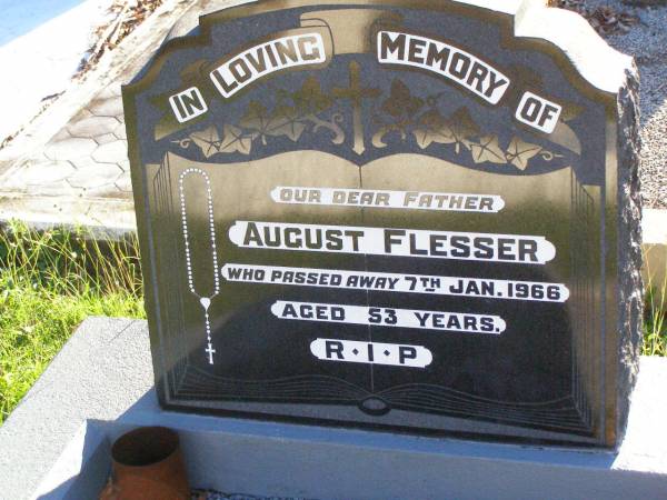 August FLESSER, father,  | died 7 Jan 1966 aged 53 years;  | Gleneagle Catholic cemetery, Beaudesert Shire  | 