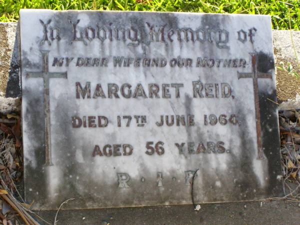 Margaret REID, wife mother,  | died 17 June 1960 aged 56 years;  | Arthur REID, husband father,  | died 19 Aug 1976 aged 81 years;  | Gleneagle Catholic cemetery, Beaudesert Shire  | 