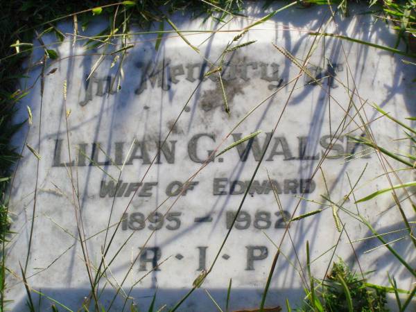Lilian G. WALSH, wife of Edward,  | 1895 - 1982;  | Gleneagle Catholic cemetery, Beaudesert Shire  | 