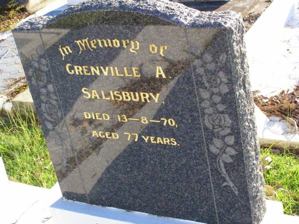 Grenville A. SALISBURY,  | died 13-8-70 aged 77 years;  | Gleneagle Catholic cemetery, Beaudesert Shire  | 