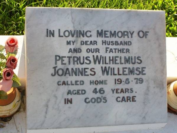 Petrus Wilhelmus Joannes WILLEMSE,  | husband father,  | died 19-8-79 aged 47 years;  | Gleneagle Catholic cemetery, Beaudesert Shire  | 