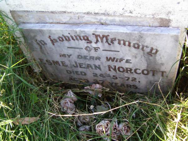 Esme Jean NORCOTT, wife,  | died 24-5-72 aged 37 years;  | Gleneagle Catholic cemetery, Beaudesert Shire  | 
