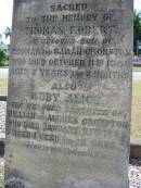 
Thomas Robert, son of Thomas and Sarah CROMPTON,
died 11 Oct 1886 aged 2 years 2 months;
Ruby Alice, daughter of William and Agunes CROMPTON,
died 21 Jan 1888 aged 1 year 18 days
[a href=https:www.bdm.qld.gov.auIndexSearchBirIndexQry.mQld BDMsa show death 21 Jan 1887];
Gods Acre cemetery, Archerfield, Brisbane
