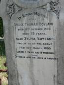 
George Thomas BOYLAND
8 Oct 1908 aged 53
(daughter) Sylvia BOYLAND
18 Mar 1895 aged 1 year 9 months
Gods Acre cemetery, Archerfield, Brisbane
