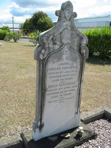 Edmond CATCHPOLE,  | died 8 July 1910 interred on 9 July,  | aged 78 years;  | Emily CATCHPOLE,  | died 10 April 1909 interred on 12 April,  | aged 76 years;  | God's Acre cemetery, Archerfield, Brisbane  | 