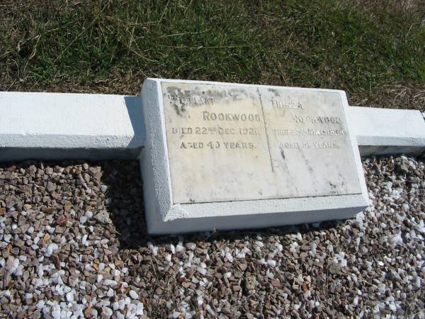 William ROOKWOOD  | 22 Dec 1921 aged 40  | Thirza ROOKWOOD  | 25 Mar 1934 aged 51  | God's Acre cemetery, Archerfield, Brisbane  | 