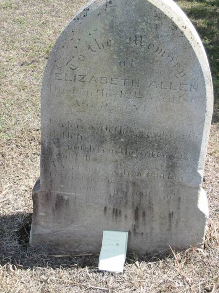 Elizabeth ALLEN  | 12 Apr 1869 aged 53  | God's Acre cemetery, Archerfield, Brisbane  | 