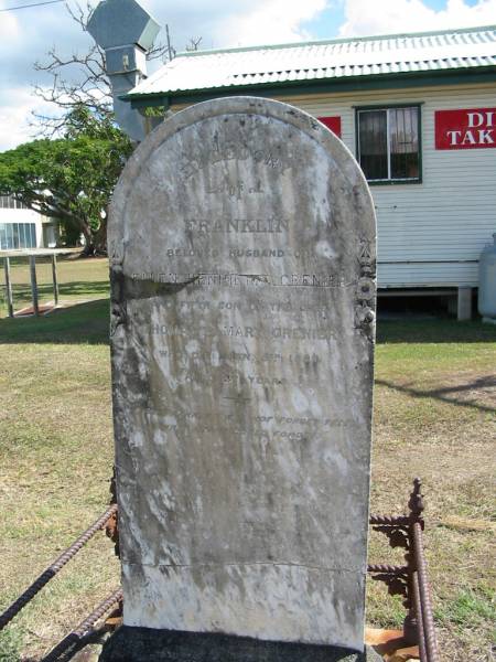 Franklin (husband of Ellen Henrietta) GRENIER  | (and 5th son of the late) Thomas and Mary GRENIER  | 5 Jan 1889 aged 37  | God's Acre cemetery, Archerfield, Brisbane  | 