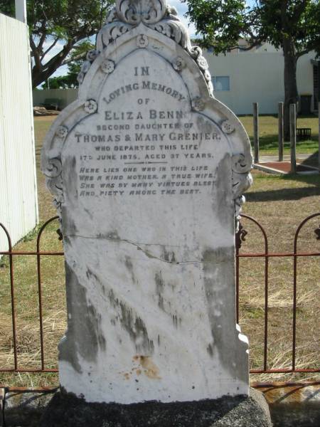 Eliza Benn  | (2nd daughter of) Thomas and Mary GRENIER  | 17 Jun 1875 aged 37  | God's Acre cemetery, Archerfield, Brisbane  | 