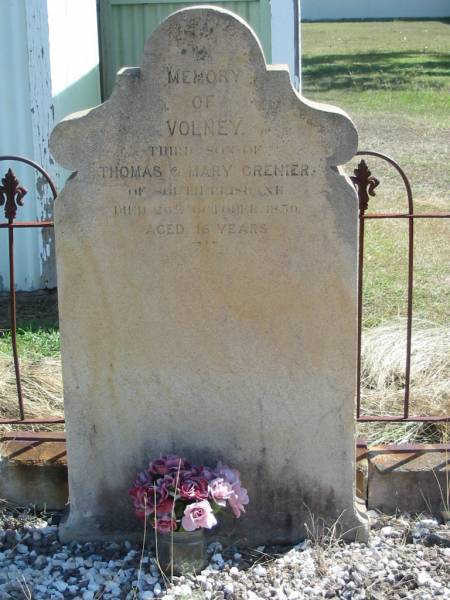 Volney (third son of) Thomas and Mary GRENIER  | 20 Oct 1859 aged 16  | of South Brisbane  | God's Acre cemetery, Archerfield, Brisbane  | 