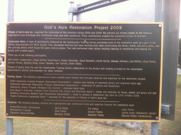God's Acre cemetery, Archerfield, Brisbane  | 