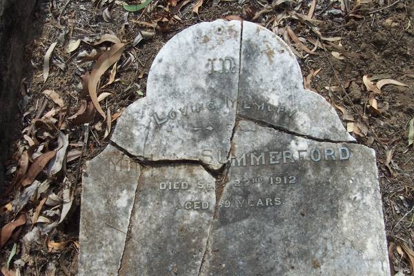 Miriam SUMMERFORD  | 22 Sep 1912  | aged 69  | Research Contact: Geoff Martin geoff@gmassoc.com.au  | Goodna General Cemetery, Ipswich.  | 