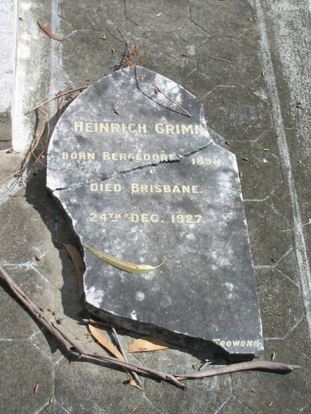 Heinrich GRIMM  | B: Bergedorf 1898  | D: Brisbane 24 Dec 1927  |   | Goodna General Cemetery, Ipswich.  |   | 