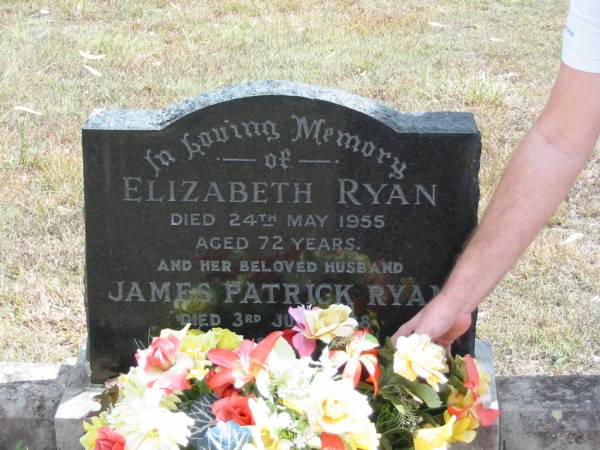 Elizabeth RYAN  | 24 May 1955  | aged 72  |   | husband  | James Patrick RYAN  | 3 Jun 1968  | aged 83  |   | Goodna General Cemetery, Ipswich.  |   | 