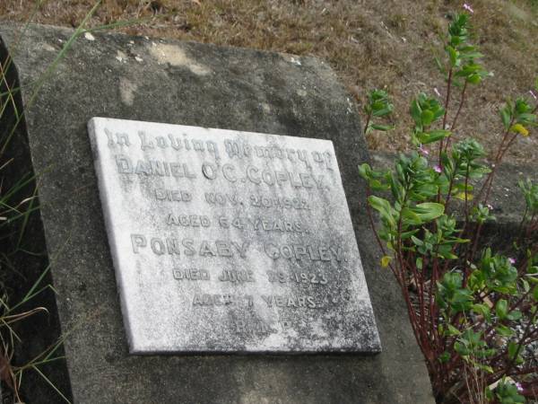 Daniel O'C COPLEY died 20 Nov 1922 aged 64 years;  | Ponsaby COPLEY died 29 June 1923 aged 7 years;  | Goodna General Cemetery, Ipswich.  | 