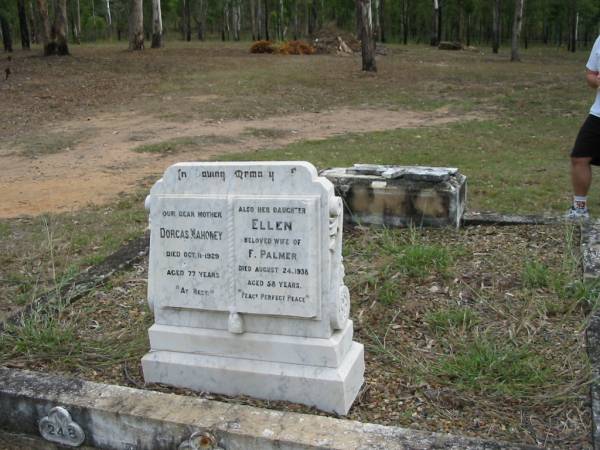 mother Dorcas MAHONEY died 11 Oct 1929 aged 77 years;  | daughter Ellen wife of F. PALMER died 24 Aug 1938 aged 58 years;  | Goodna General Cemetery, Ipswich.  | 