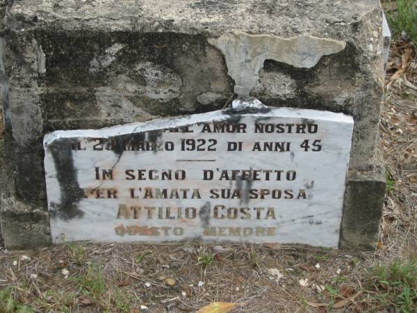 Teresa Mia 2 Marzo 1922 anni 45;  | Attilio COSTA;  | Goodna General Cemetery, Ipswich.  | 