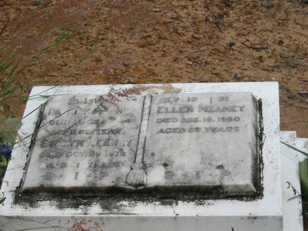 Patrick MEANEY died 25 Sept 1944 aged 83;  | Evelyn MEANEY died 29 Oct 1976 aged 81;  | Ellen MEANEY died 15 Aug 1950 aged 89;  | Goodna General Cemetery, Ipswich.  | 