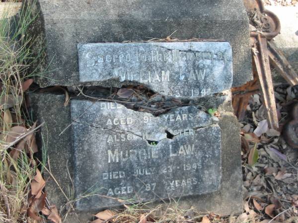 William LAW, ?? 3 1947, 91 years;  | sister Murrie LAW, July 3 1945, 87 years;  | Goodna General Cemetery, Ipswich.  | 