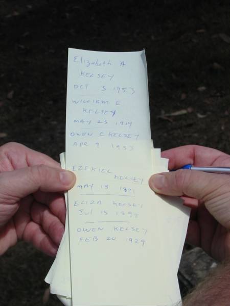 Elizabeth A. KELSEY died 3 Oct 1953;  | William E. KELSEY died 23 May 1919;  | Owen C. KELSEY died 9 Apr 1953;  | Ezekiel KELSEY died 18 May 1891;  | Eliza KELSEY died 15 July 1898;  | Owen KELSEY died 20 Feb 1929;  | Goodna General Cemetery, Ipswich.  | 