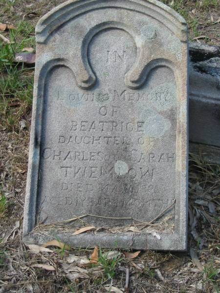 Beatrice daughter of Charles and Sarah TWEMLOW, Ma? 1898 aged 1 year 4 months;  | Goodna General Cemetery, Ipswich.  | 