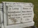 
Richard MAUDSLEY,
died 10 Jan 1928 aged 67 years;
Maria J. MAUDSLEY,
died 24 Feb 1934 aged 68 years;
Goomeri cemetery, Kilkivan Shire
