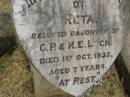 
Rita,
daughter of G.P. & M.E. LOCK,
died 1 Oct 1932 aged 7 years;
Goomeri cemetery, Kilkivan Shire
