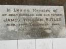 James William BUTLER, husband father, died 17 Dec 1960 aged 55 years; Irene Uneta BUTLER, died 26 Feb 1994 aged 86 years; Goomeri cemetery, Kilkivan Shire 
