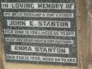 
John E. STANTON,
husband father,
died 16 June 1945 aged 65 years;
Emma STANTON,
wife mother,
died 12 Feb 1950 aged 64 years;
Goomeri cemetery, Kilkivan Shire
