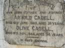 Arnold CADELL, father, died 6 June 1943 aged 38 years; Olive CADELL, mother, died 9 Nv 1944 aged 34 years; Goomeri cemetery, Kilkivan Shire 