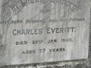 Charles EVERITT, husband father, died 29 Jan 1940 aged 77 years; Elizabeth Martha EVERITT, wife, died 22 Sept 1954 aged 91 years; Goomeri cemetery, Kilkivan Shire 