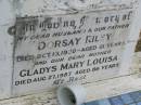 
Dorsay RILEY,
husband father,
died 13 Oct 1950 aged 61 years;
Gladys Mary Louisa,
mother,
died 27 Aug 1987 aged 86 years;
Goomeri cemetery, Kilkivan Shire
