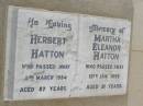 Herbert HATTON, died 2 March 1984 aged 87 years; Martha Eleanor HATTON, died 19 Jan 1995 aged 91 years; Goomeri cemetery, Kilkivan Shire 