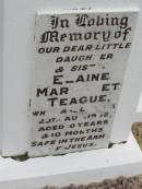 Elaine Margaret TEAGUE, daughter sister, 29 Aug 1952 aged 10 years 10 months; Goomeri cemetery, Kilkivan Shire 