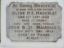 
Olive M.E. MAUDSLEY,
wife mother,
died 21 Sept 1949 aged 53 years;
John B.H. MAUDSLEY,
father,
died 20 Dec 1955 aged 59 years;
Goomeri cemetery, Kilkivan Shire
