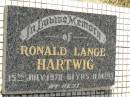 Ronald Lange HARTWIG, died 15 July 1978 aged 61 years 11 months; Goomeri cemetery, Kilkivan Shire 