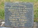 
Rebecca J.A. HALL,
wife mother,
died 16 May 1957 aged 73 years;
George Ernest,
father,
died 16 Feb 1979 aged 97 years;
Goomeri cemetery, Kilkivan Shire
