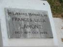 
Frances Lilla LAMONT,
died 16 Oct 1955;
Goomeri cemetery, Kilkivan Shire
