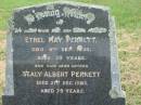 Ethel May PERRETT, wife mother, died 4 Sept 1930 aged 39 years; Sealy Albert PERRETT, father, died 21 Dec 1963 aged 79 years; Goomeri cemetery, Kilkivan Shire 