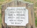 
Carl L. NISSEN,
father,
died 7 July 1933 aged 87 years;
Goomeri cemetery, Kilkivan Shire
