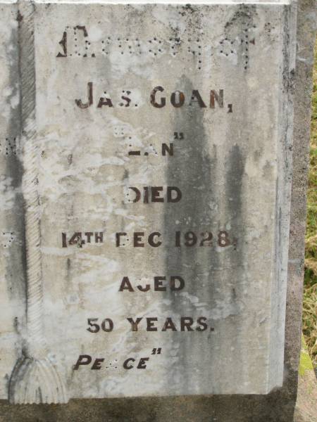 Ellen M. JOHNS,  | niece,  | died 5 March 1927 aged 16 years;  | Jas. (Lan) GOAN,  | died 14 Dec 1928 aged 50 years;  | Goomeri cemetery, Kilkivan Shire  | 