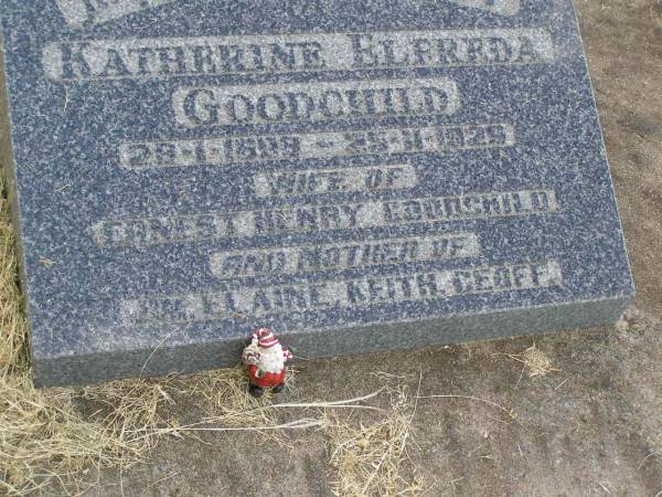 Katherine Elfreda GOODCHILD,  | 28-1-1899? - 25-11-1929,  | wife of Ernest Henry GOODCHILD,  | mother of Jim, Elaine, Keith & Geoff;  | Goomeri cemetery, Kilkivan Shire  | 